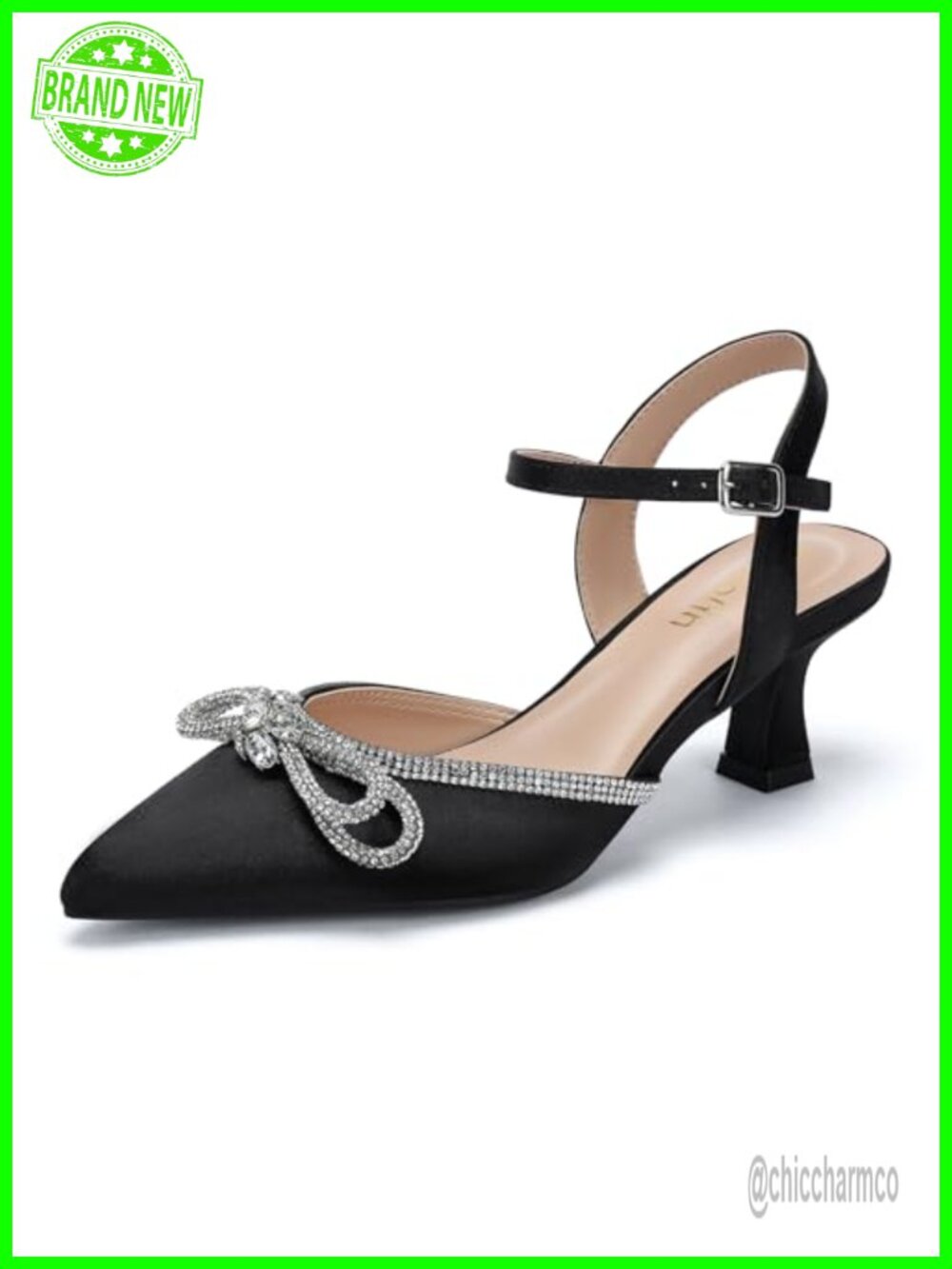 Women's Wide Width Kitten Heel Pumps Rhinestone Bow Pointed Toe Dress Shoes